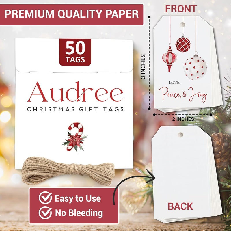 AUDREE 50 Pcs Christmas Gift Tags with String - Elegant Red & White Holiday Tags - Christmas Name Tags for Gifts - Hanging Labels Decoration Xmas Winter Holiday Present DIY Crafts - Image 2